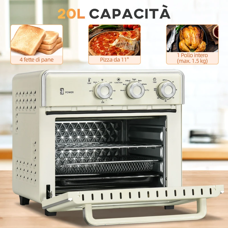 HOMCOM Mini Forno Elettrico 20L Ventilato 1400W con Aria Calda e Accessori, Crema