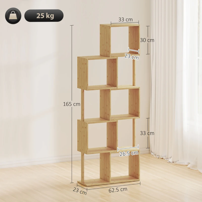HOMCOM Libreria Moderna Asimmetrica a 5 Livelli in Bambù, 62.5 x 23 x 165 cm, Colore Legno Naturale