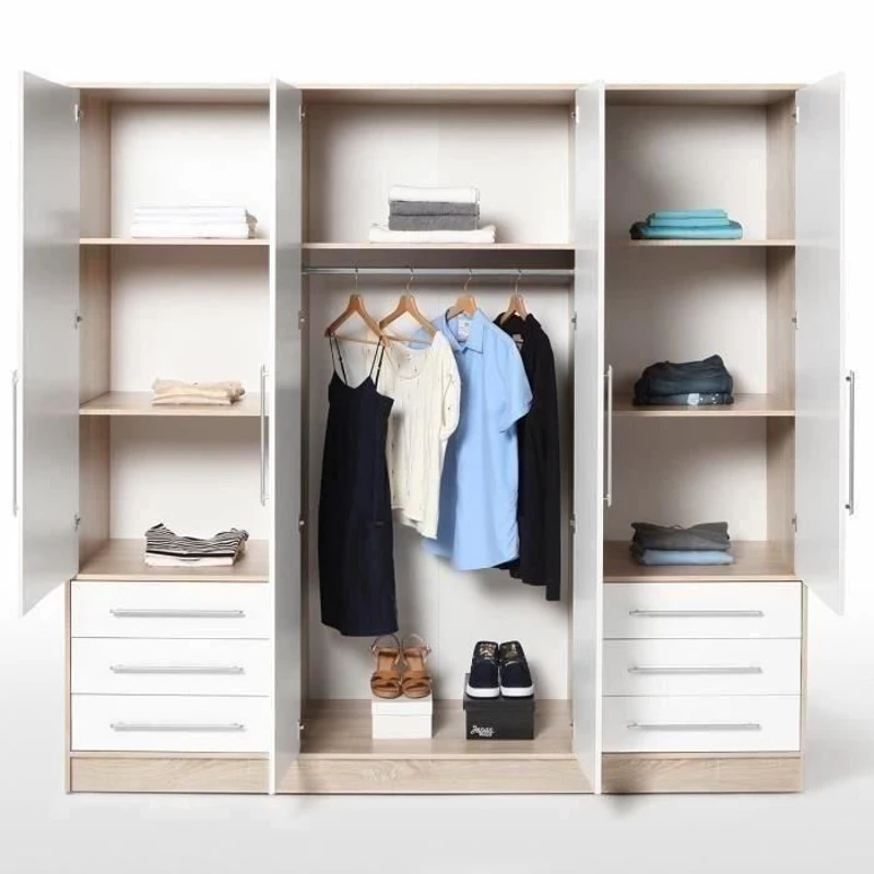Armoire 4 portes battantes + 6 tiroirs - Chene et blanc - L 206 x P 60 x H 200 cm - JUPITER