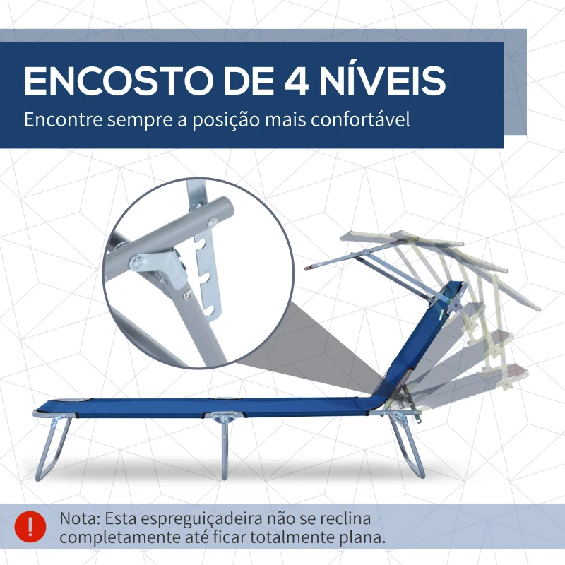 Outsunny Espreguiçadeira de Jardim Dobrável com Toldo e Encosto Reclinável para Jardim Terraço Campismo 187x58x36cm Azul