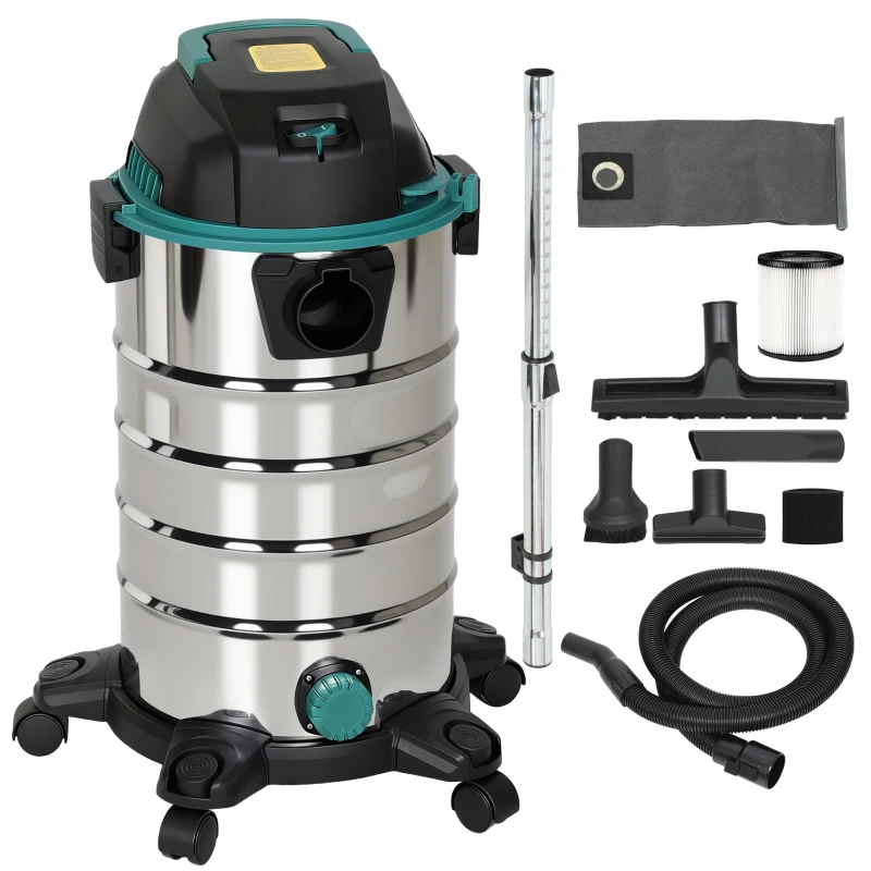 HOMCOM Aspirator 3 în 1 de 1400W, Aspirator de Solide și Lichide și Suflător, Recipient de 18L din Oțel Inox, Filtru Triplu și Accesorii, pentru Casă, Garaj și Birou