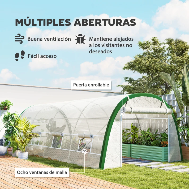 Outsunny Invernadero de Túnel 6x3x2 m con Puerta Enrollable 8 Ventanas de Malla y Estructura de Acero Galvanizado Blanco