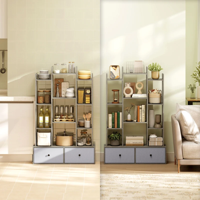 HOMCOM 12 Shelf Storage Unit, with Drawers - Graphite Wood Effect