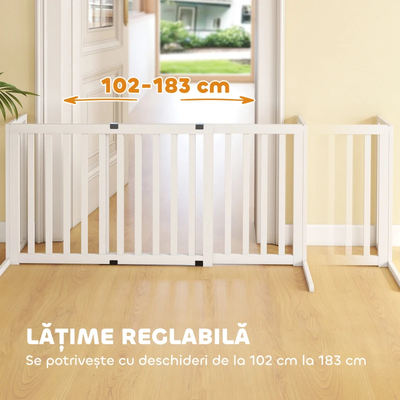 PawHut Poartă pentru Câini Pliabilă de Siguranță Extensibilă 102-183 cm cu 2 Suporturi Detașabile, Panouri Laterale, Poartă din Lemn pentru Câini de Talie Mică și Medie, Barieră Protectoare pentru Scări