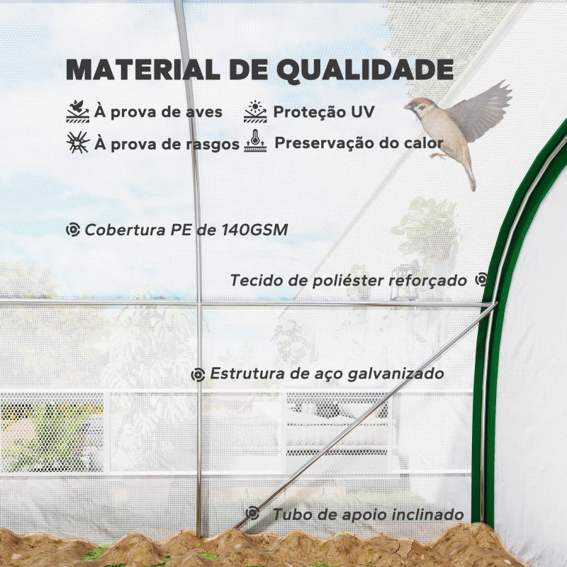 Outsunny Estufa de Exterior 6x3x2 m Estufa de Túnel com Porta Enrolável 8 Janelas com Rede Cobertura PE 140g/m² Estrutura em Aço Branco