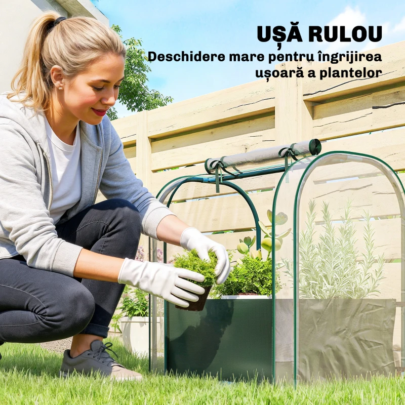 Outsunny Mini Seră de Grădină cu Sac de Plantare, Seră pentru Grădină cu Ușă Rulabilă, Structură din Oțel, Acoperire din Plastic, pentru Legume, Flori, Plante, Verde Închis