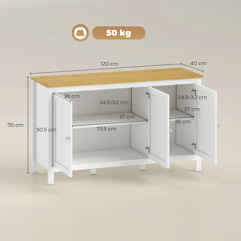 HOMCOM Aparador de Salón Armario de Almacenamiento con 3 Puertas con Estantes Ajustables Estilo Moderno 120x40x70 cm Blanco