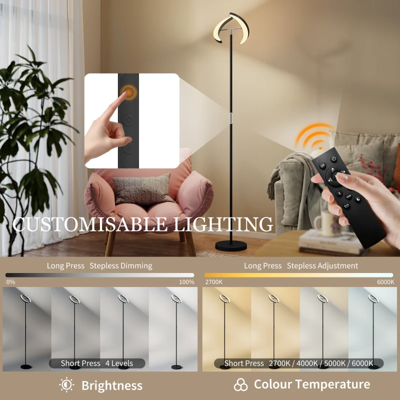 HOMCOM Lampă de Podea Dimmerabilă cu Telecomandă și Dublă Cap Girevole la 350°, Lampă de Podea cu Reglare Temperatură Culoare 2700K-6000K, pentru Sufragerie și Cameră, Negru