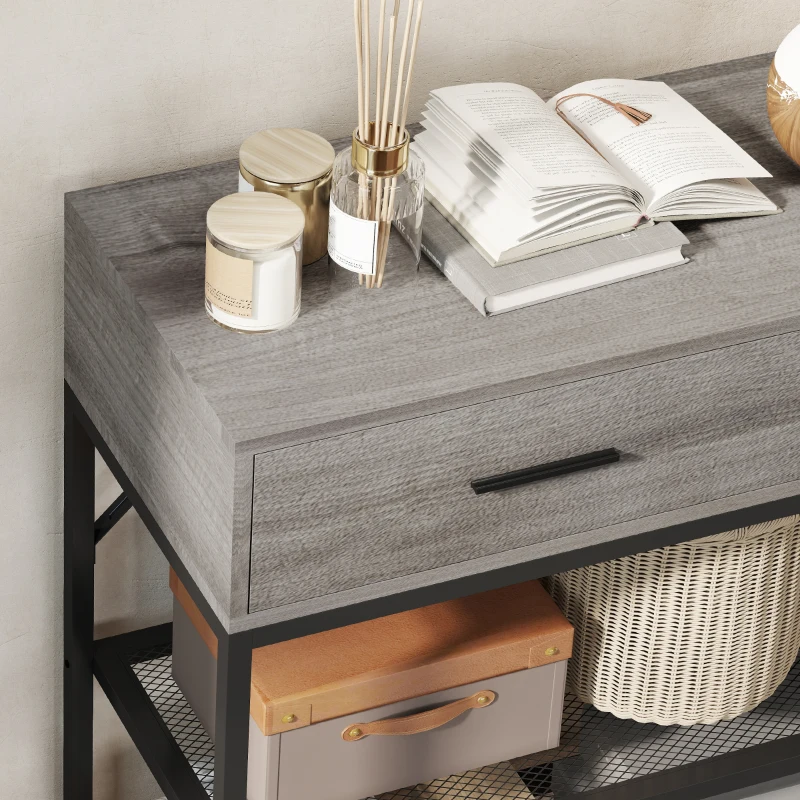 HOMCOM Console Table with 2 Drawers and 2 Mesh Shelves, Hallway Table with Metal Frame for Living Room, Entryway, Light Grey Wood Effect