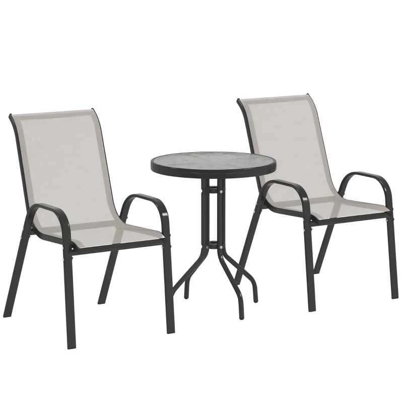 Outsunny 3-Piece Garden Set with Round Glass Top Table and Stackable Chairs for Outdoor Use, Light Gray