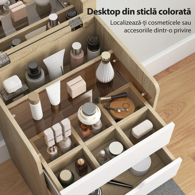 HOMCOM Stație de Machiaj 3 în 1 cu Oglindă Rabatabilă, Scaun Ascuns, Toaletă de Machiaj cu Scaun Tapițat pe Roți, 3 Sertare, Blat din Sticlă Transparentă, Compartiment, Economisire Spațiu, Alb și Stejar