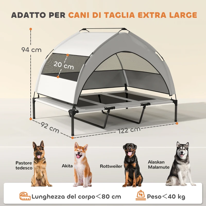 PawHut Lettino per Cani con Copertura a 3 Lati Rimovibile, in Poliestere e Acciaio, 122x92x94 cm, Grigio Chiaro e Nero