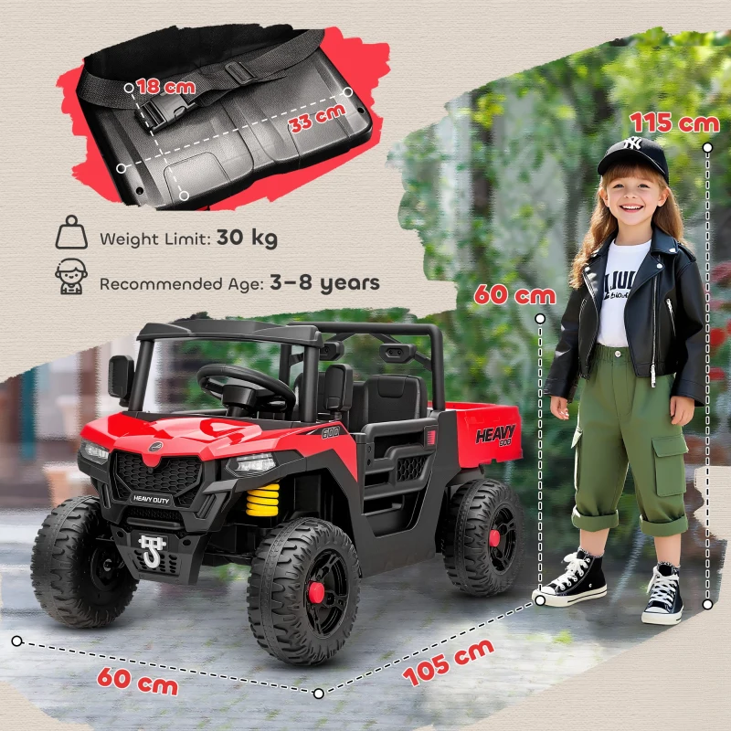 AIYAPLAY Mașină Electrică pentru Copii UTV 12V Off-road cu Portbagaj, 2 Motoare, Centură în 3 Puncte, Telecomandă, Suspensii, USB, Muzică, Lumini, 1.8-3.7 km/h, 3-8 Ani, Roșu