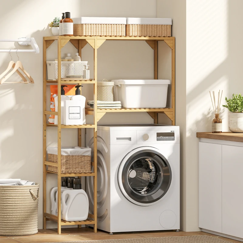 HOMCOM Mobilier deasupra mașinii de spălat din bambus cu 7 rafturi reversibile, spațiu economisitor, pentru depozitare și organizare, pentru baie și spălătorie, 100x40x157 cm, culoare lemn