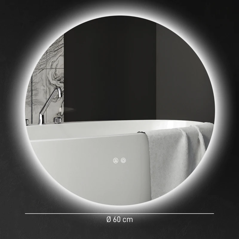 kleankin Specchio Bagno con Luci LED Regolabili, Interruttori Touch e Design Antiappannamento, Ø60 cm