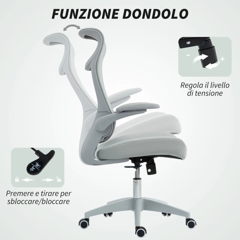 HOMCOM Sedia da Ufficio Ergonomica con Braccioli Regolabili, Schienale a Rete e Poggiatesta, Grigio