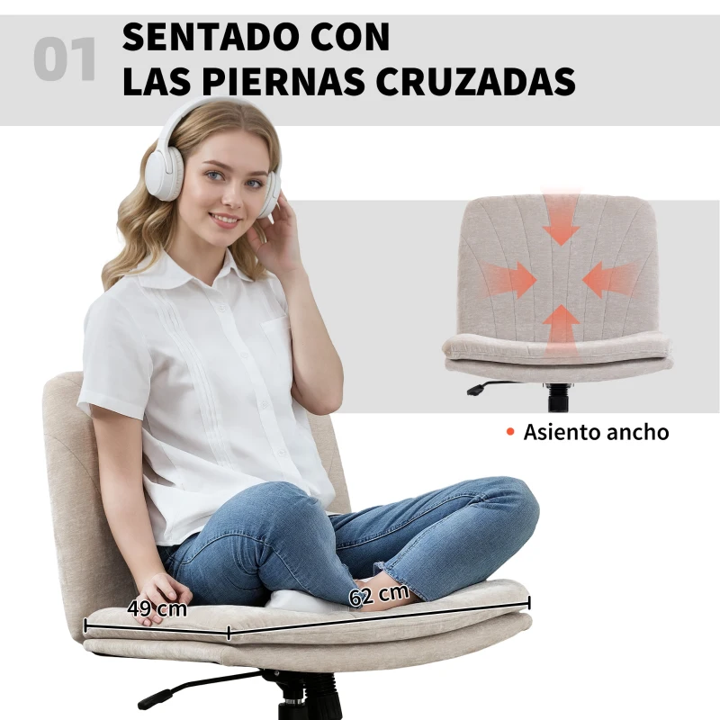 HOMCOM Silla de Oficina con Asiento Ancho sin Reposabrazos Ruedas Altura Ajustable Giratoria Función Basculante Beige