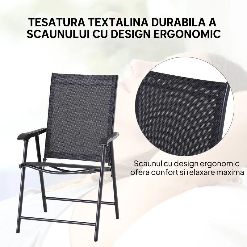 Outsunny Set 2 Scaune de Grădină Pliabile cu Brațe, Scaune pentru Prânz de Exterior din Metal și Texteline, pentru Terasă, Balcon, Curte, Interior și Exterior, 58x64x94cm, Negru