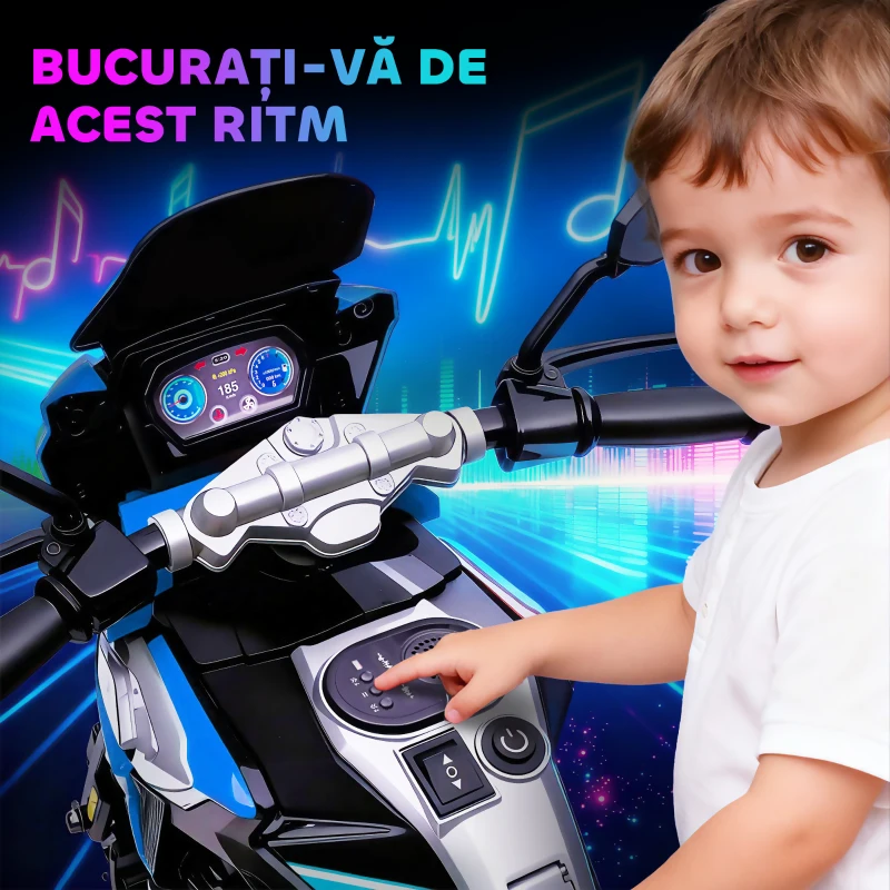 AIYAPLAY Motocicletă Electrică pentru Copii 18-36 Luni, 6V Motocicletă Electrică pentru Copii cu Roți Detașabile, Faruri, Muzică, 2.4 km/h Mini Motocicletă cu Far, Max 30kg, Albastru