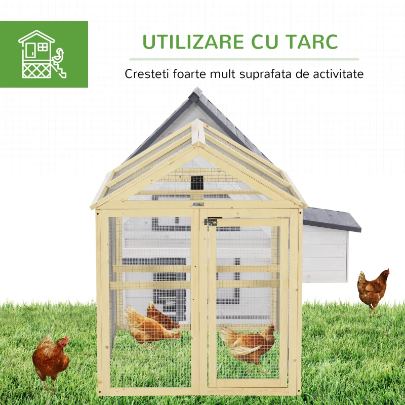 PawHut Adăpost pentru Găini de Exterior din Lemn, Cușcă cu Uși Multiple și Plasă Metalică, 140x88.5x106 cm, culoare Lemn