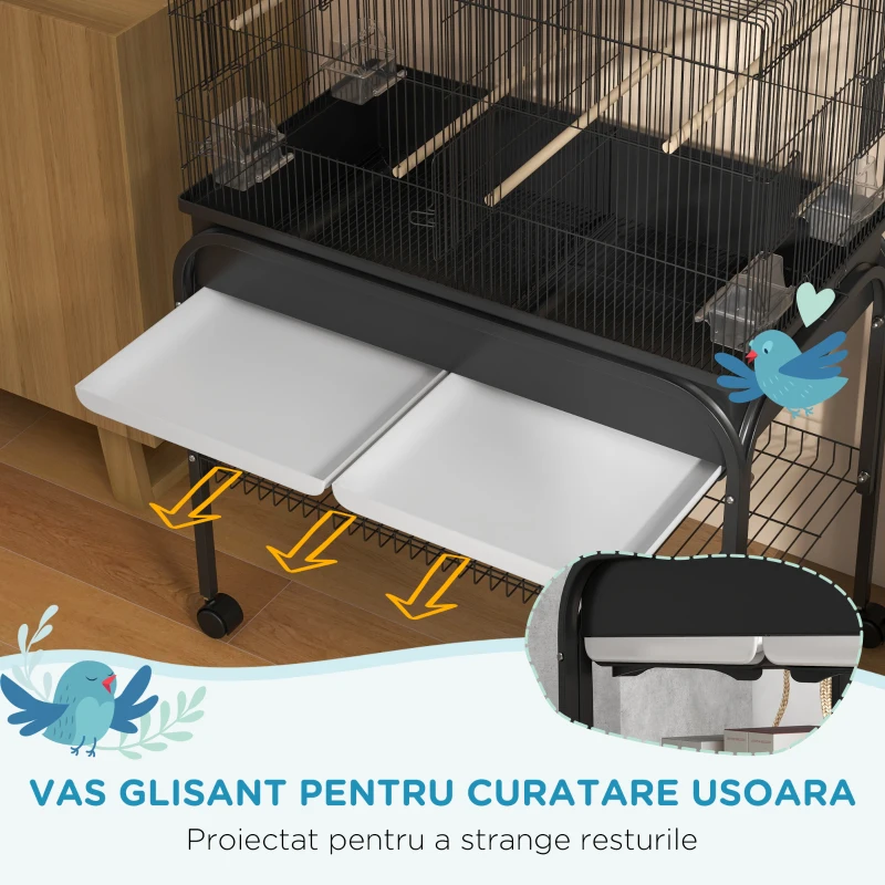 PawHut Colivie pentru Păsări de Interior cu Tăviță, Raft și Roți, Volieră din Oțel pentru Perusi, Canari, Nimfe și Papagali, Negru, 85 x 49 x 119 cm