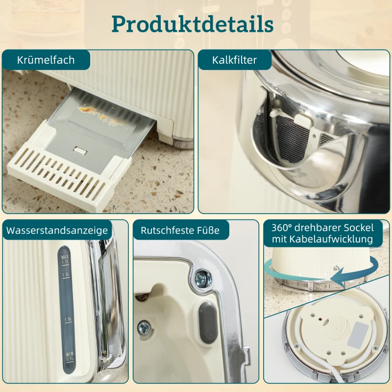 HOMCOM 2200 W, 1,7 L waterkoker met snelkookfunctie, kalkfilter en 4-sleuven broodrooster met 7 bruiningsniveaus, cremewit