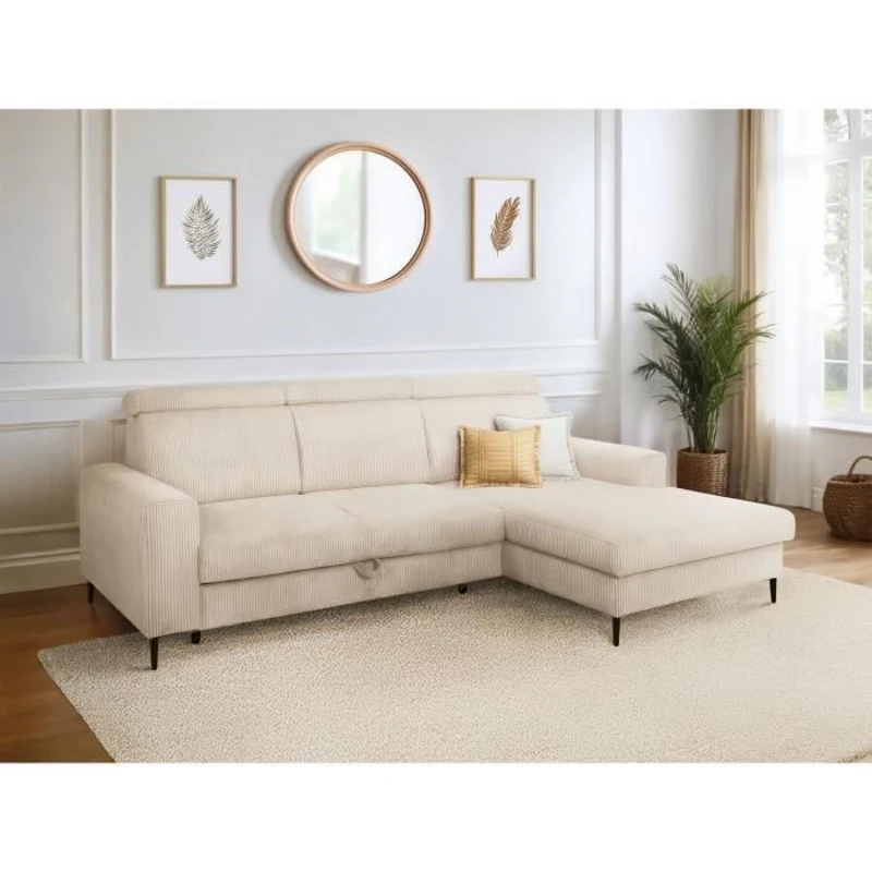 Canapé d'angle convertible - 4 places - NIZZA - Velours côtelé Beige - Coffre - 250 x 166 x 92/104 cm