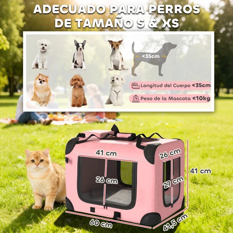 PawHut Transportín para Perros Plegable 60x41,5x41 cm con Ventanas de Malla Cojín Suave y 2 Asas para Mini Perros y Gatos Rosa