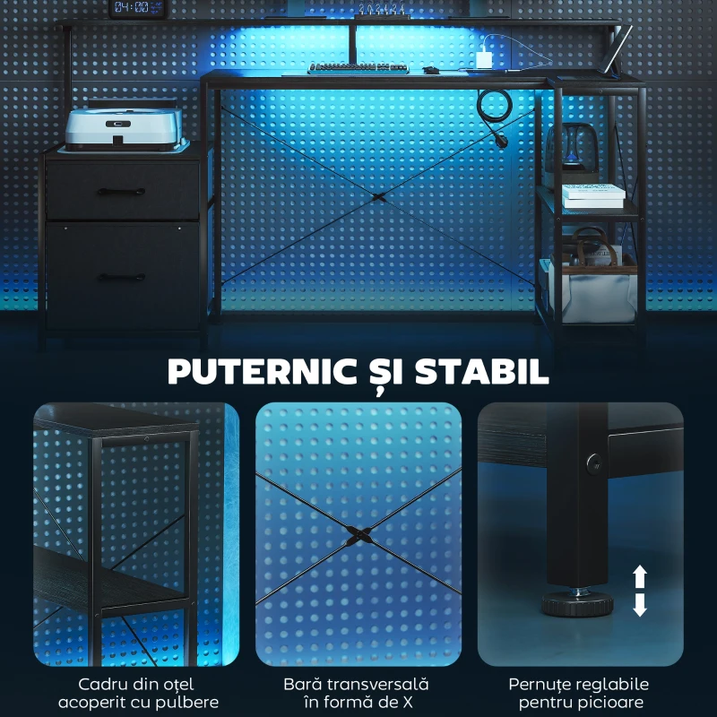 HOMCOM Birou Gaming în formă de L cu prize multiple, LED-uri, 165x80 cm, birou PC cu 2 sertare din material textil, 2 rafturi deschise, măsuță laterală și 2 suporturi monitor, din PAL și oțel, Negru