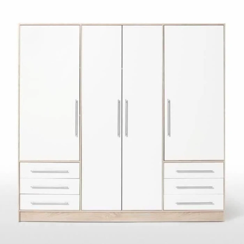 Armoire 4 portes battantes + 6 tiroirs - Chene et blanc - L 206 x P 60 x H 200 cm - JUPITER