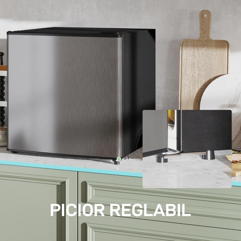 HOMCOM Mini Frigider de Masă 46 Litri, Frigider Mic cu Compartiment pentru Gheață, Ușă Reversibilă, Temperatură Reglabilă și Picioare Reglabile pentru Dormitor, Birou, Culoare Argintiu
