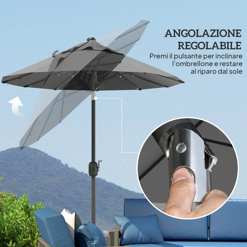 Outsunny Ombrellone doppio con Base a crocee Luci Solari, 295x150x219cm, Grigio