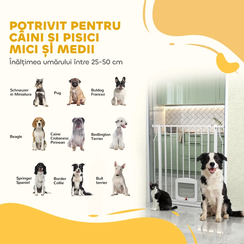 PawHut Poartă pentru Câini și Pisici Extensibilă cu Ușă Integrată, Poartă din Oțel și ABS, 75-85x2x76 cm, Alb