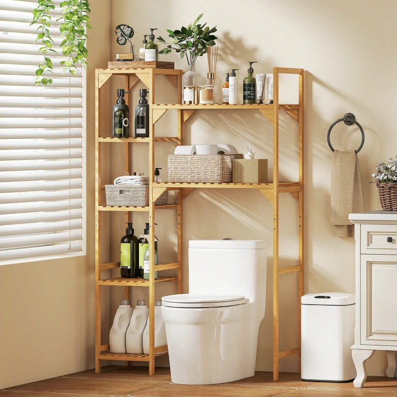 HOMCOM Mobilier deasupra mașinii de spălat din bambus cu 7 rafturi reversibile, spațiu economisitor, pentru depozitare și organizare, pentru baie și spălătorie, 100x40x157 cm, culoare lemn