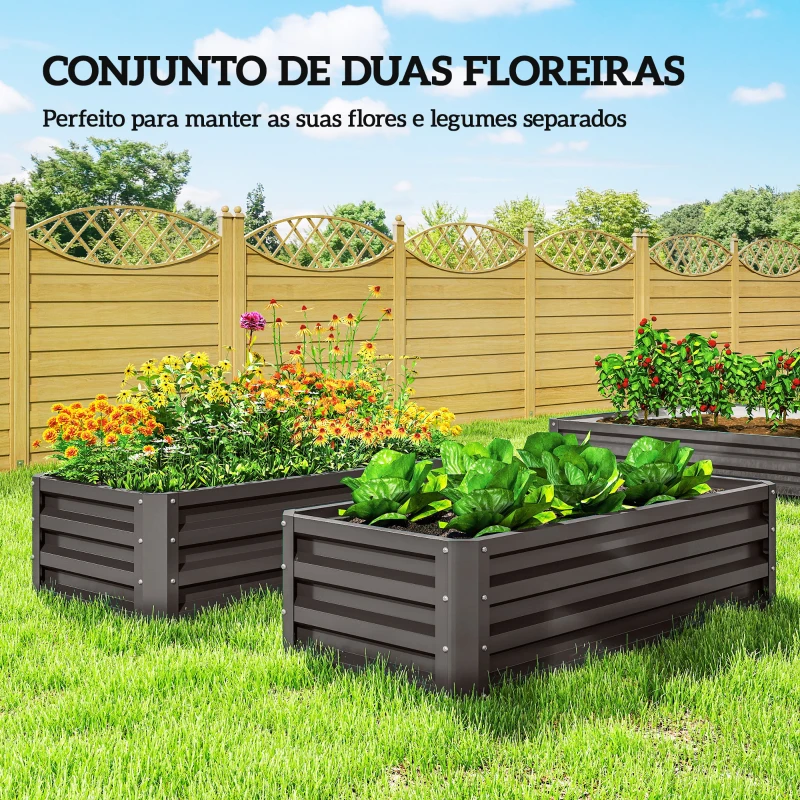 Outsunny Conjunto de 2 Floreiras Grandes para Exterior em Aço Galvanizado Hortas para Terraço Jardim 110x50x30 cm Cinzento