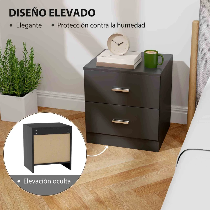 HOMCOM Mesita de Noche Moderna Mesilla de Noche Dormitorio con 2 Cajones para Salón Dormitorio 45x39,5x49 cm Negro