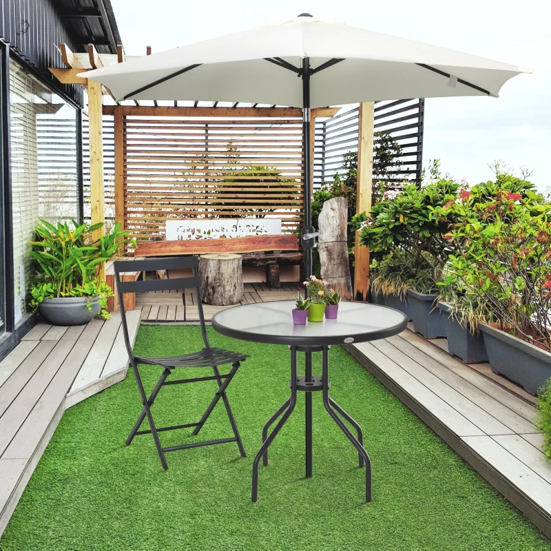 Outsunny Mesa de Jardim Redonda Mesa Sala de Jantar de Cristal Temperado com Orifício para Chapéu de Sol Estrutura Metálica para Pátio Terraço Exterior Ø80x72cm Preto