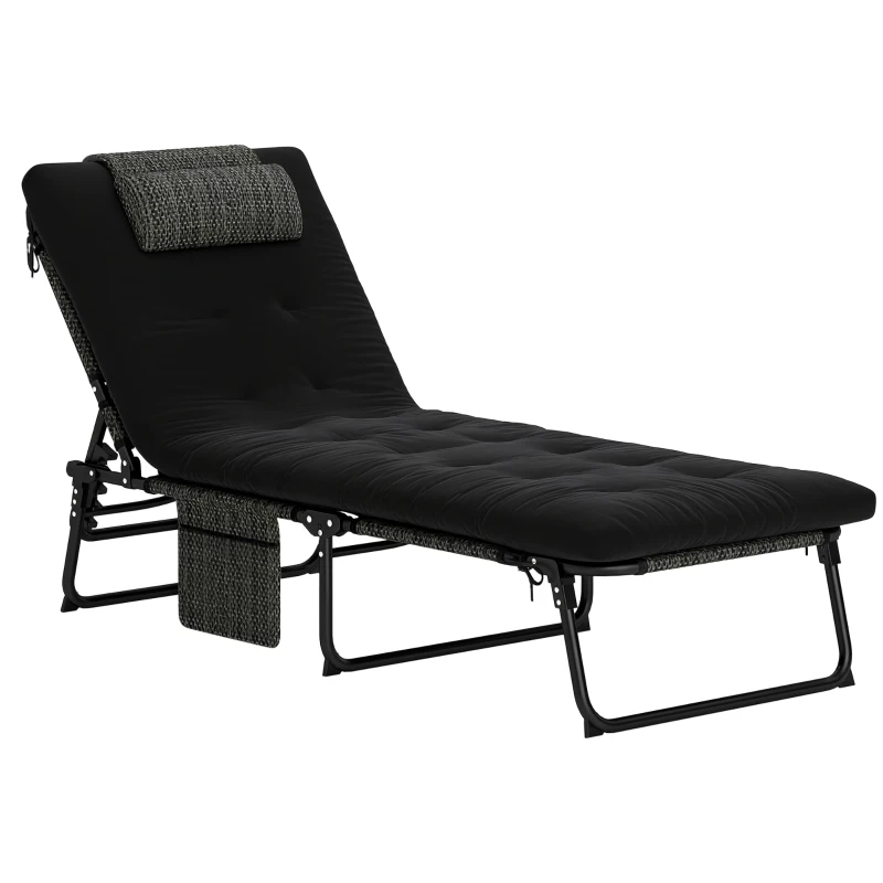 Outsunny Tumbona Plegable de Jardín con Almohada y Respaldo Ajustable 4 Posiciones, Negro