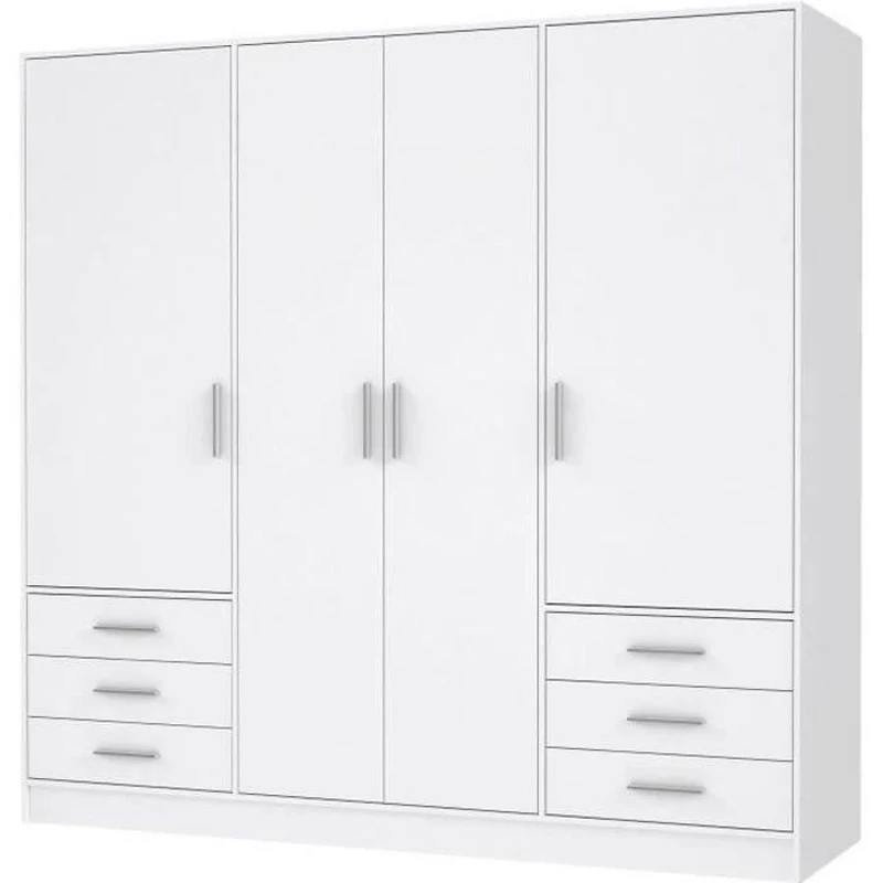 Armoire 4 portes battantes + 6 tiroirs - Bois aggloméré - Blanc mat - L 206,5 x P 60 x H 200 cm - JUPITER