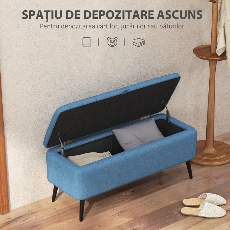 HOMCOM Bancă de depozitare 40", tapițată din material textil cu picioare din oțel pentru Living sau Dormitor, Albastru Închis