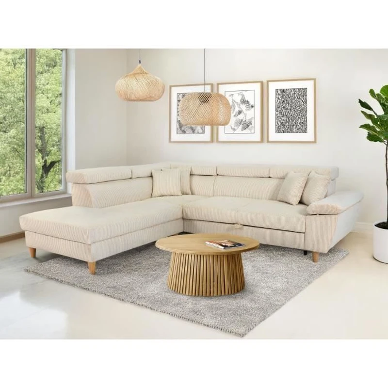 Canapé d'angle convertible - 4 places - WESTON - Velours côtelé beige - Tetieres réglables - 259 x 227 x 77/92 cm