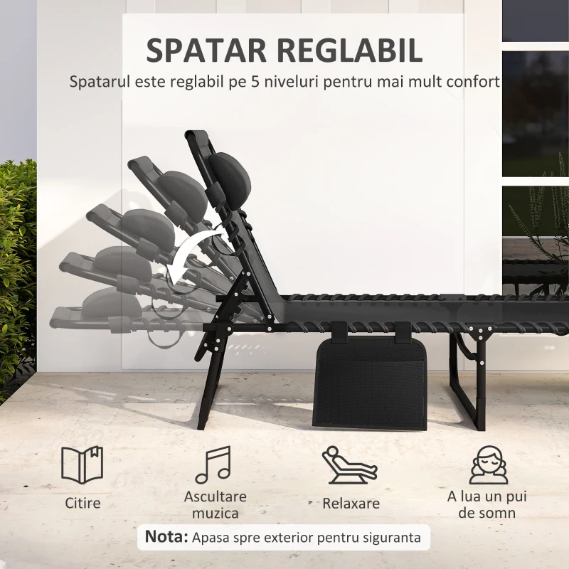 Outsunny Portable Sun Lounger, Folding Chaise Recliner, 5-Position Adjustable Cot, Black