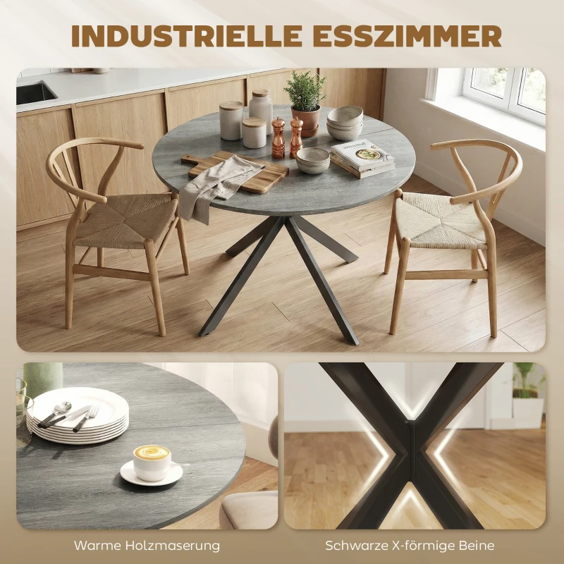 HOMCOM Ronde eettafel voor 4 personen, keukentafel in industriële stijl met stalen poten, voor eetkamer, keuken, grijs