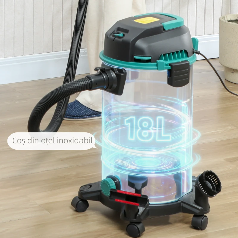 HOMCOM Aspirator 3 în 1 de 1400W, Aspirator de Solide și Lichide și Suflător, Recipient de 18L din Oțel Inox, Filtru Triplu și Accesorii, pentru Casă, Garaj și Birou