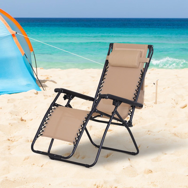 Outsunny Chaise Longue Pliable de Jardin Bain de Soleil zéro gravité Pare-Soleil et Dossier réglable Plateau Porte gobelet Accessoires Metal textilène Beige