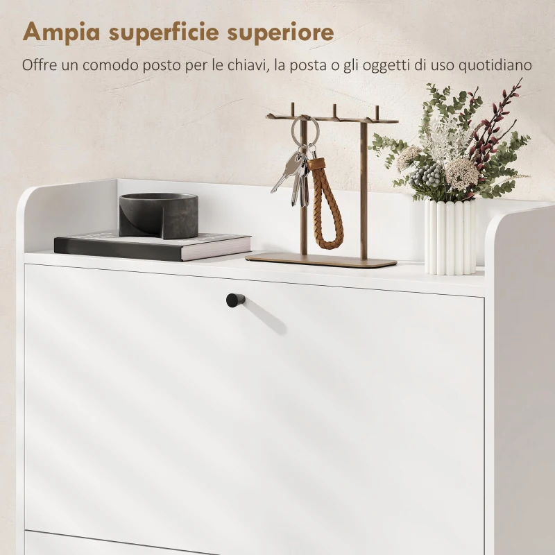 HOMCOM Mobile Scarpiera Slim con 2 Cassetti a Ribalta e Ripiani Regolabili, in Legno e Metallo, 80x24x101 cm, Bianco