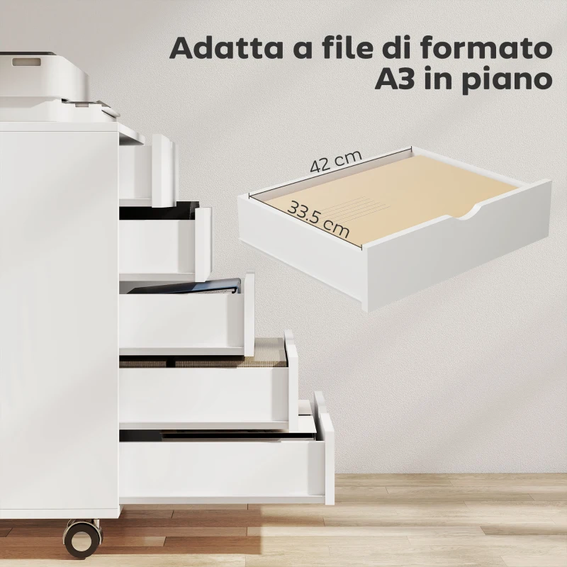 HOMCOM Cassettiera da Ufficio con 5 Cassetti per Documenti A3, Ruote e Blocco, 50x40x67.5 cm, Bianco