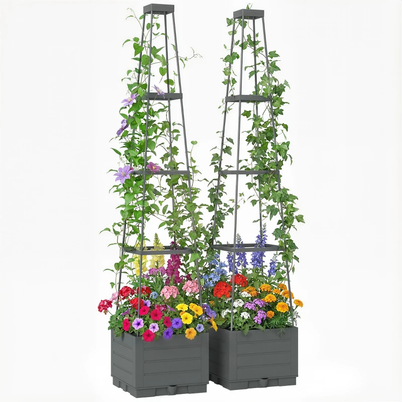 Outsunny 2 Pack Raised Garden Bed with Trellis, Plastic Outdoor Planter Box with Removable Drainage Tray