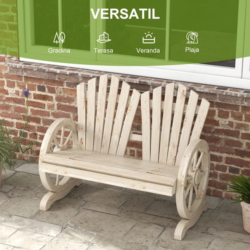 Outsunny Bancă de Grădină pentru 2 Persoane cu Mânere în Formă de Roată, Bancă de Exterior din Lemn de Brad, pentru Terasă și Curte, 108x66x95 cm, Finisaj Lemn Natural
