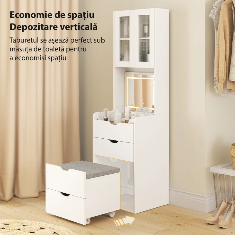 HOMCOM Stație de Machiaj cu Lumini LED în 3 Culori, Oglindă Rabatabilă, Scaun Ascuns, Măsuță de Machiaj cu Scaun Îmbunătățit, 3 Sertare, Compartiment, Dulap cu Uși din Sticlă, Modern, Alb